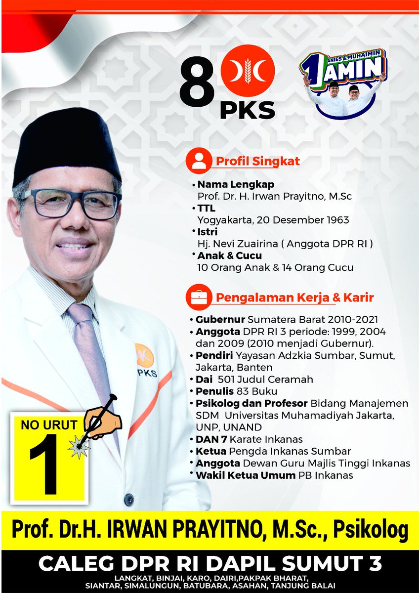 irwanprayitno's tweet photo. Mohon doa dan dukungannya.
Caleg DPR RI Dapil Sumut 3.
Asahan. Batu Bara. Binjai. Dairi. Karo. Langkat. Pak Pak Bharat. Pematang Siantar. Simalungun. Tanjung Balai.
Terkait amanah di Dapil Sumut 3, bisa dibaca beritanya di https://t.co/K6gNI0CSlr.
#CalegPKS2024
#Sumut3 https://t.co/louBZg2Sh0