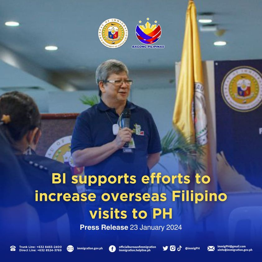 23 January 2024

MANILA, Philippines—Bureau of Immigration (BI) Commissioner Norman Tansingco said that he supports the move to invite more overseas Filipinos to visit the country.

READ: facebook.com/immigration.he…