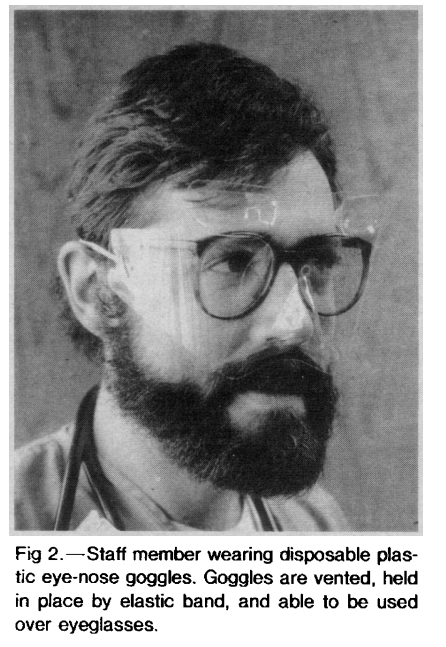 Preventing RSV spread in hospitals (1980s): 'specially designed eye-nose goggles for staff reduced infection [but] the goggles were not well accepted by staff and eventually were abandoned.' Discussion: wwwnc.cdc.gov/eid/article/7/… Original study: jamanetwork.com/journals/jama/…