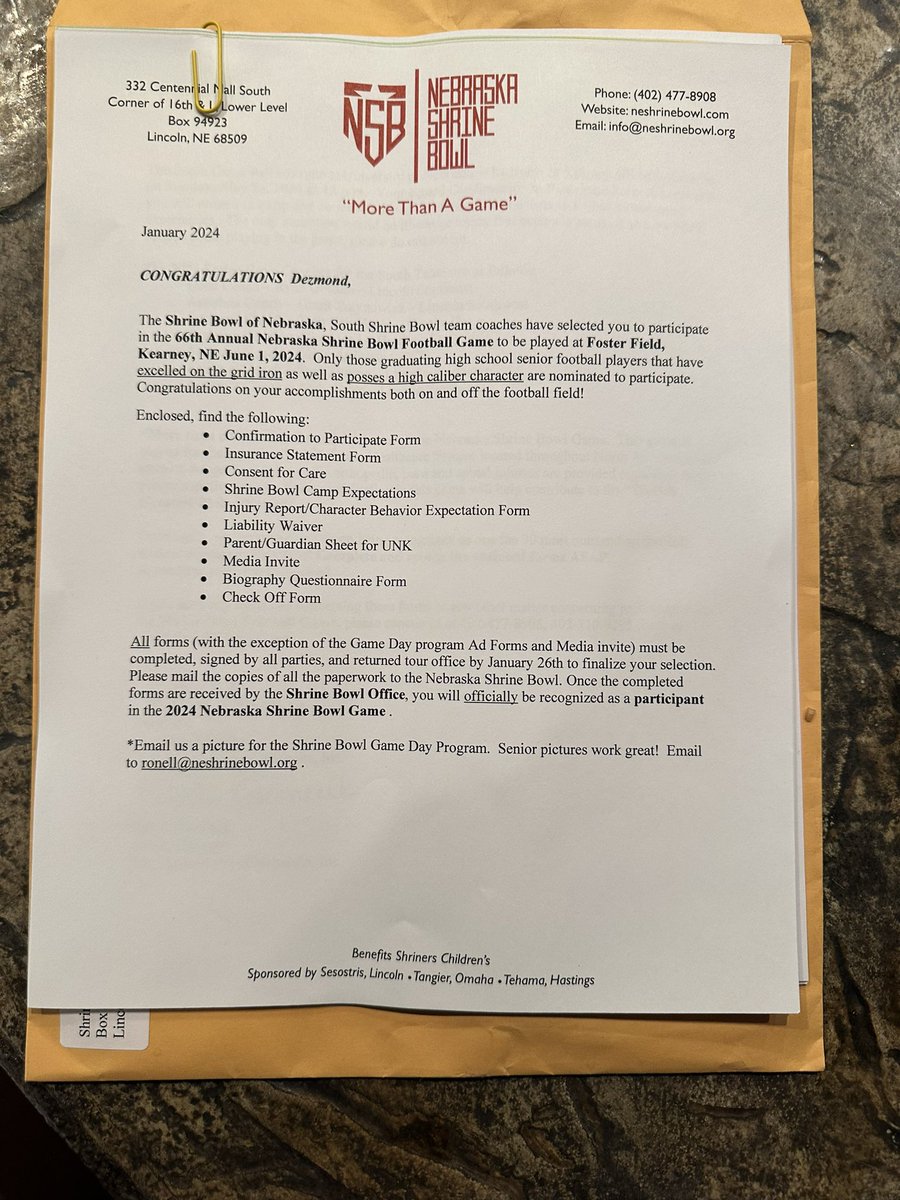Thankfull for receiving an invite to the 66 annual Nebraska Shrine bowl.  Thank you family, friends, and coaches that helped me get here.
<a href="/NEShrineBowl/">Nebraska Shrine Bowl</a> <a href="/Mmclaughlin84/">Mark McLaughlin</a> <a href="/PlatteviewFB/">Platteview Football</a>