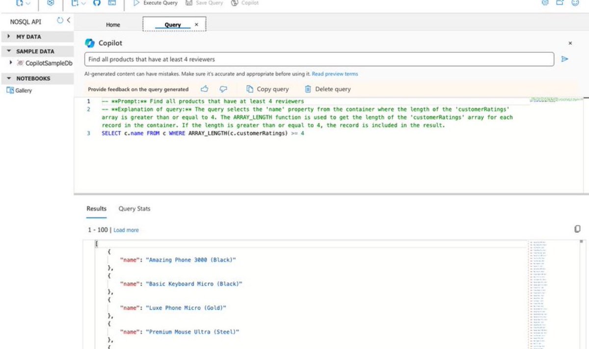 daiki15036604's tweet image. 「Microsoft Copilot for Azure in Cosmos DB(プレビュー版)
自然な英語のプロンプトに基づいてクエリを生成することで、#AzureCosmosDB 用の #NoSQL クエリの作成を容易にするよう設計されています。