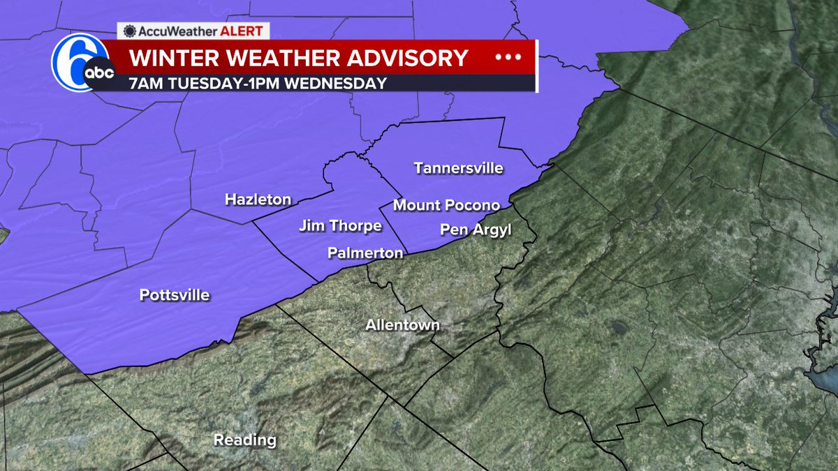 CecilyTynan's tweet image. A Winter Weather Advisory is posted for the Poconos Tuesday morning into Wednesday afternoon for periods of freezing rain, mixed with sleet and snow at times. Doesn&apos;t look like a lot of ice. But, even a little ice can cause big problems on the roads. #usecaution