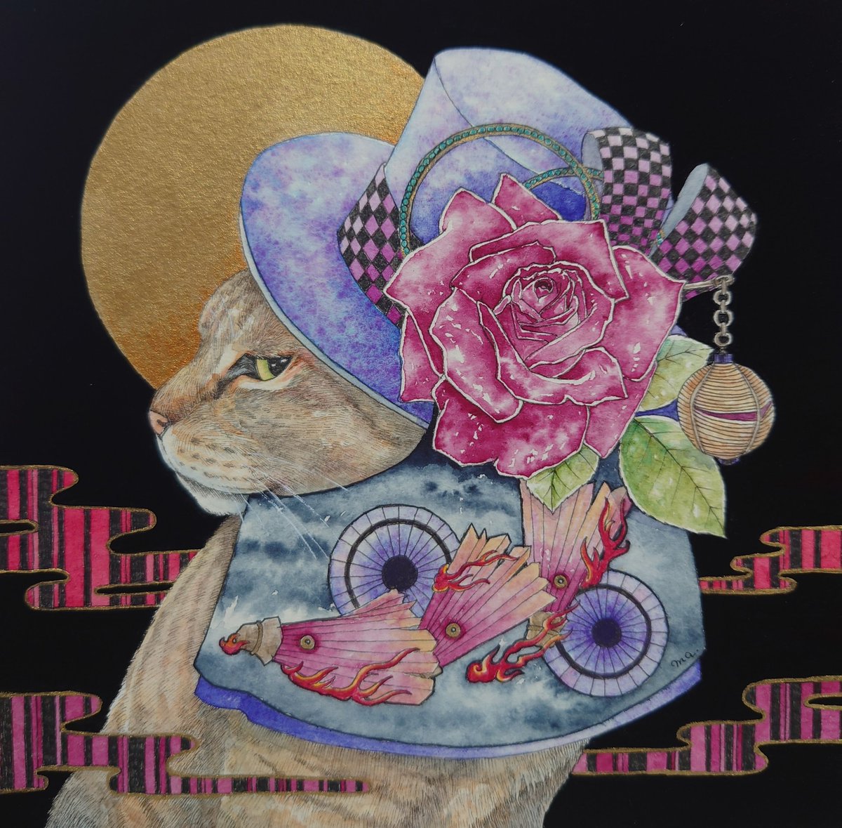 hat flower cat rose traditional media solo no humans  illustration images