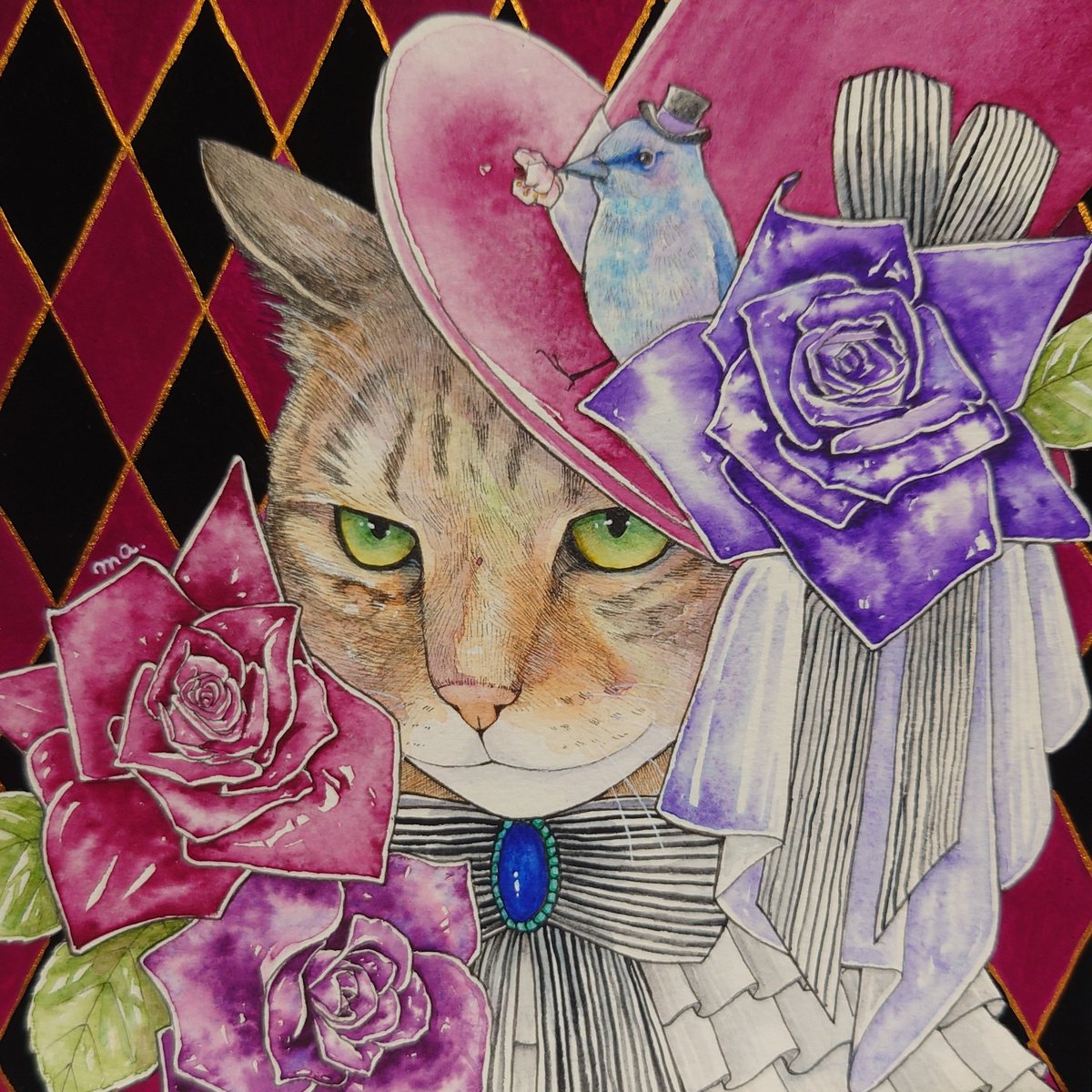hat flower cat rose traditional media solo no humans  illustration images