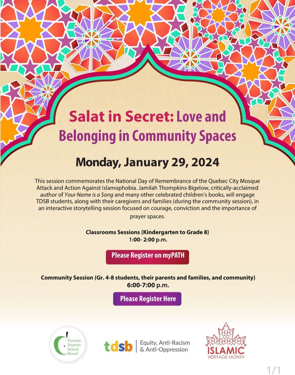 We are excited to partner w/ the Equity Dept. to present 'Salat in Secret', author talk w/ @jtbigelow in honour of Nat'l Day of Action Against #Islamophobia. @tdsb families & community, K-8 register here: bit.ly/Jan29SalatInSe… 🥰🌟 #January29DayofAction