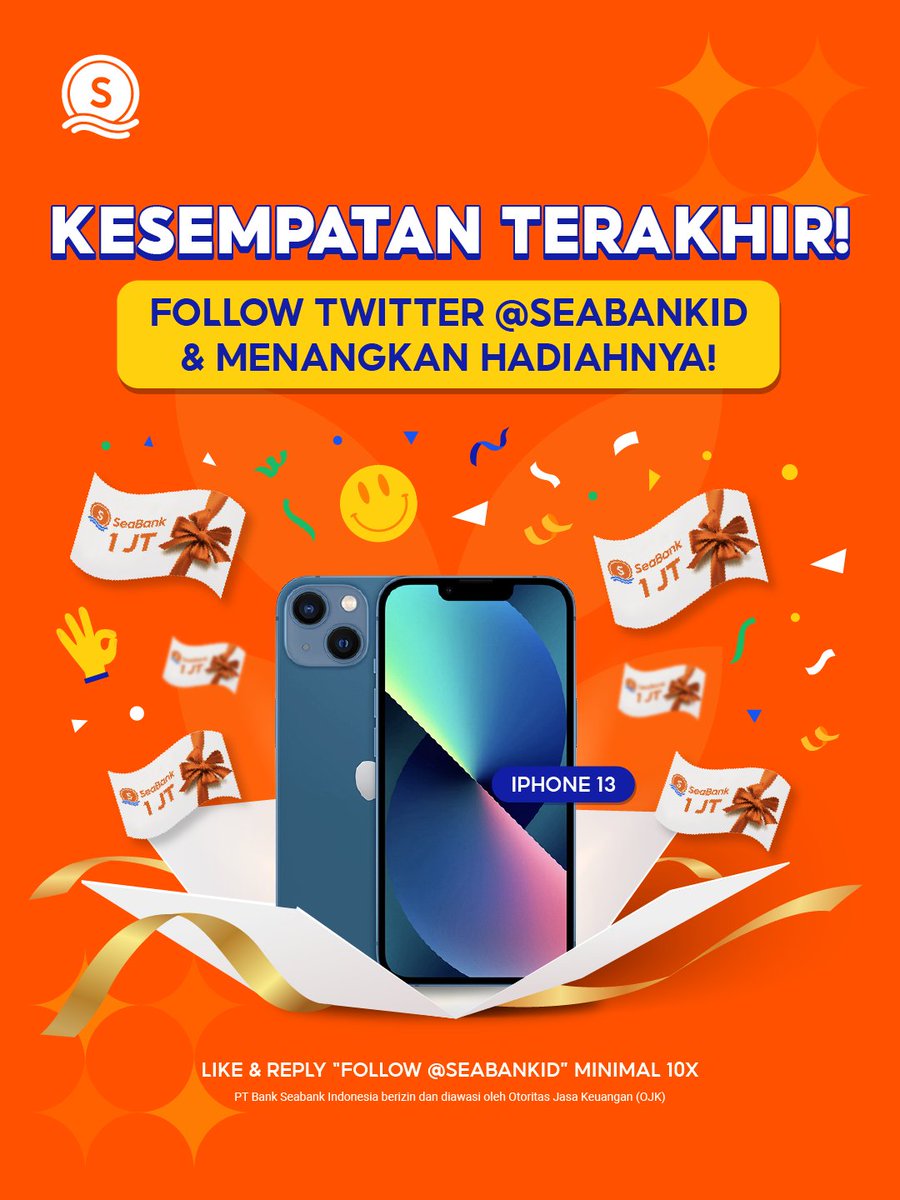 SeaBankID's tweet photo. FOLLOW &amp; MENANGKAN IPHONE 12!🌟
Kesempatan Terakhir #Giveaway #AwalidiSeaBank 

Yuk perbesar kesempatan kamu untuk menang dengan mengikuti langkah berikut:
1. FOLLOW Twitter @SeaBankID
2. LIKE &amp; RT tweet ini
3. REPLY "FOLLOW @SEABANKID" minimal 10x

Jangan sampai ketinggalan ya! https://t.co/6ljjaRxXsn