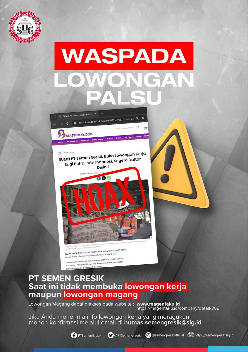 Tetap waspada akan berbagai informasi lowongan palsu ya #SahabatSG

#SemenGresik
#KokohTakTertandingi