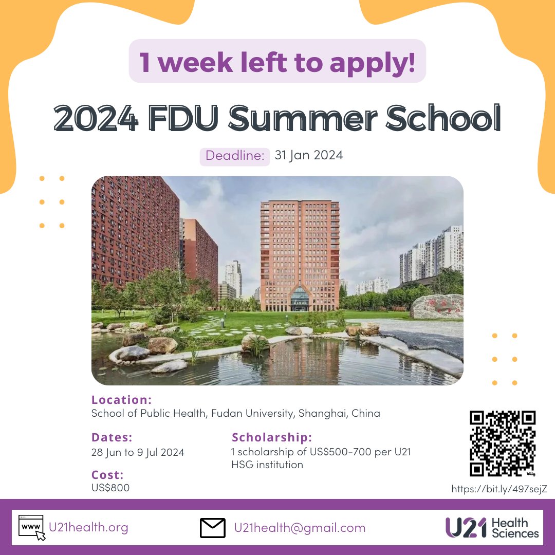 1 week left to apply to participate in the 2024 Summer School! You’ll have the chance to be in Shanghai 🇨🇳on the campus of the School of Public Health at Fudan University 😊 Plus, there’s an exciting line up of activities Deadline: 31 Jan 2024 u21health.org/summer-school #U21health