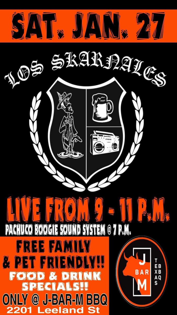 This Saturday Jan. 27th &amp; Will be Celebrating Felipe Galvan Birthday Houston!!
•Free Familia &amp; Pet Friendly Event @ J-Bar-M Barbecue!!
•Food, Music &amp; celebration....
🎧Pachuco Boogie Sound System @ 7 P.M.
⚓️Los Skarnales @ 9 P.M.
Hope To see yall there....