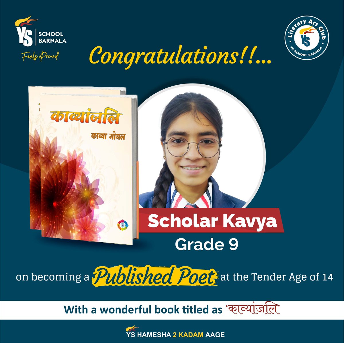 YSGroup3's tweet photo. We are amused to share that one of our Scholar Kavya of grade IX has gained  entry into the club of writers with a wonderful book titled as काव्यांजलि. 
Here are the online links of the book. 
Amazon:https://t.co/v4zhDx9QDP
Flipkart:https://t.co/WHJ60yHLWw https://t.co/2yMZTEOvxq