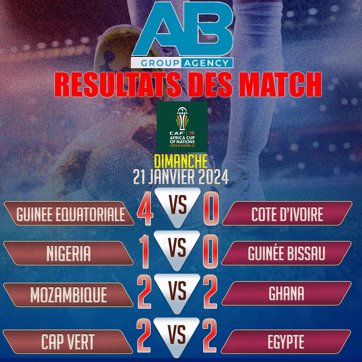 ABgroupagency's tweet photo. #CAN2023  #AFCON2023  #CIV #Nigeria #Cameroun #Algérie #Sénégal #Maroc #Mali #RDCongo #Guinée #Gambie #GuinéeBissau #Ghana #Tunisie #Egypte #Mozambique https://t.co/mRKLrkPyzT