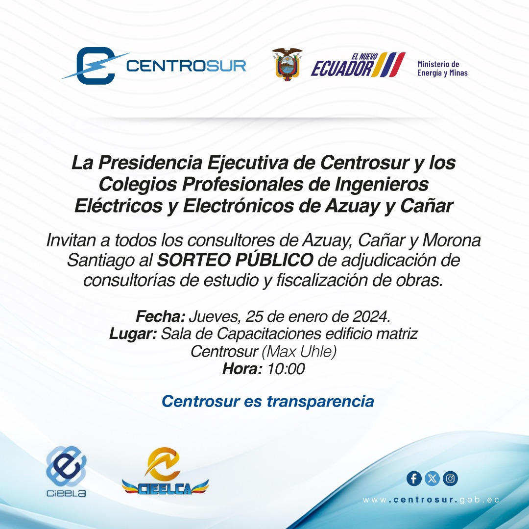 El CIEELA invita a los profesionales inscritos, al SORTEO PÚBLICO de adjudicación, este jueves 25 de enero del 2024, a realizarse en la CENTROSUR