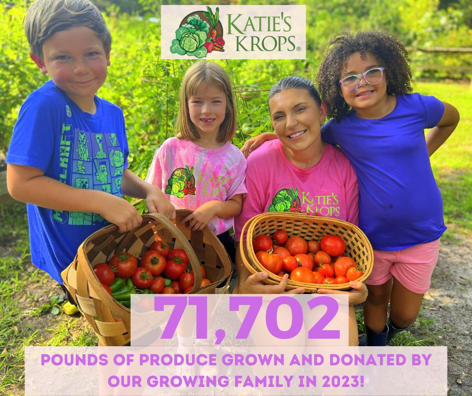 I am so proud to share that in 2023, Katie's Krops Growers collectively donated an astonishing 71,702 pounds of produce to their neighbors facing hunger and food insecurity! Here's to the kids across the country who are growing a better tomorrow, one garden at a time!