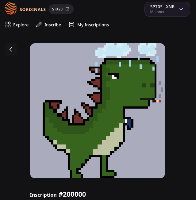 BREAKING: sOrdinals have officially surpassed 200,000 total inscriptions on <a href="/Stacks/">stacks.btc</a>!

Congratulations to this t-rex collection, consisting of over 9000 PFPs 🦖