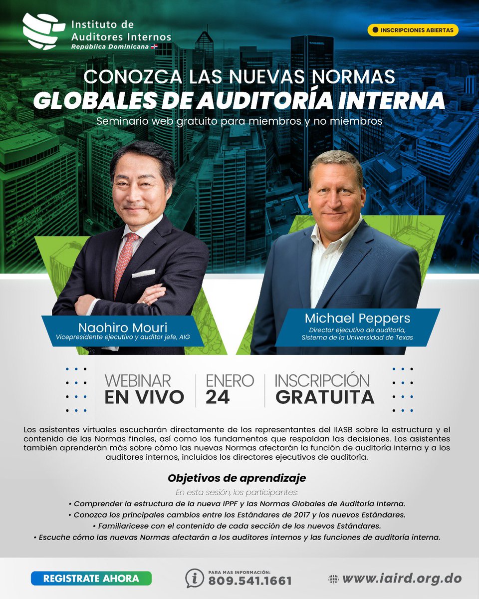 IAIRD01's tweet photo. Webinar disponible tanto para miembros y no miembros del Instituto de Auditores Internos de la República Dominicana

Inscríbete ya accediendo al link:
https://t.co/JTVlSes1c5 https://t.co/F6mDyDGfxB