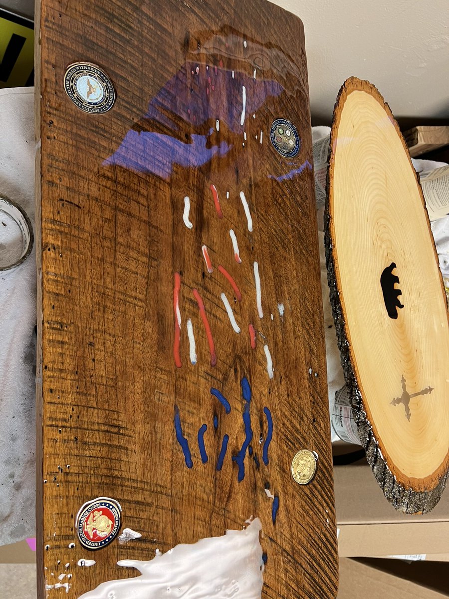 Well we have a seal coat on it. Looks pretty good. I will test glows powder when it gets dark. Made some worm holes bigger to have more color in it. #allbranchmilitaryboard. #servingtray