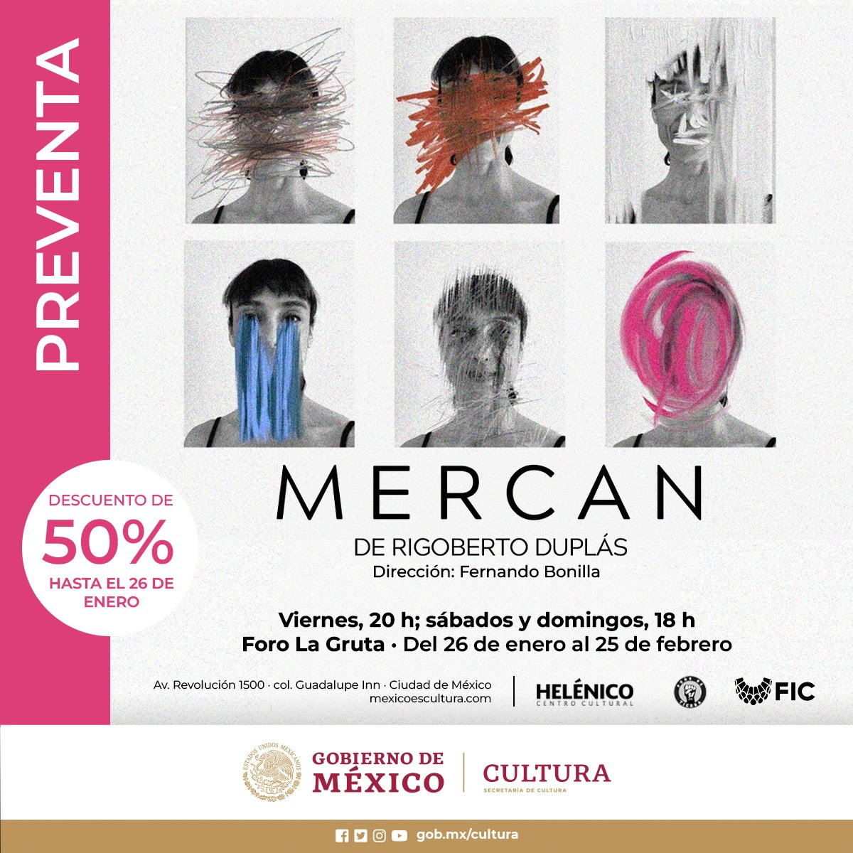 La Compañía <a href="/PunoDeTierra/">Puño de Tierra</a>, el <a href="/cervantino/">Festival Cervantino</a> y el Centro Cultural <a href="/Helenico/">Centro Cultural Helénico</a> presentan: "MERCAN" de Rigoberto Duplás

Con una breve temporada del 26 de enero al 25 de febrero en el Foro La Gruta.

Aprovecha la preventa del 50% hasta el 26 de enero.