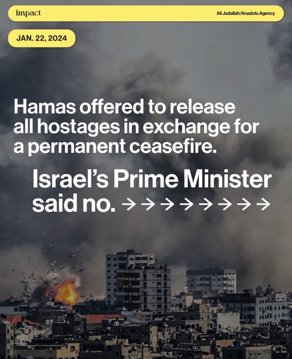 THEY REFUSED CEASEFIRE IN EXCHANGE FOR HAMAS’ ISRAELI HOSTAGES. THIS IS NOT ABOUT TAKING DOWN HAMAS THIS IS ABOUT KILLING THE PALESTINIAN PEOPLE OPEN YOUR FUCKING EYES