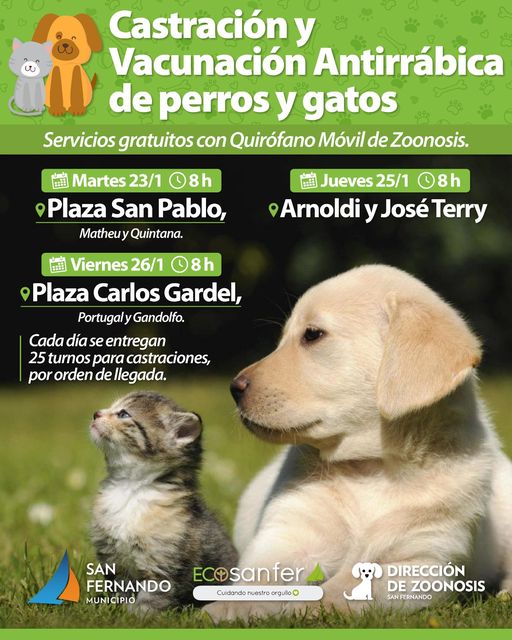 SAN FERNANDO continúa con los OPERATIVOS DE ZOONOSIS!  22/1/2024. Te contamos DÓNDE ESTARÁ ESTA SEMANA EL QUIRÓFANO MÓVIL. sanfernando.gob.ar/zoonosis-en-tu….
<a href="/andreottijuan/">Juan Andreotti</a>
<a href="/evaandreotti/">EVA ANDREOTTI</a>
#sanfernando #zoonosis #animal #animales #gato #gatos #perro #perros #vacunacion #castracion #mascotas