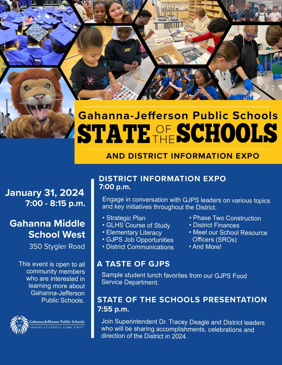 GahannaJeffersn's tweet photo. 🔹 ⭐ GJPS STATE OF THE SCHOOLS⭐ 🔹 
Join us as Superintendent Dr. Tracey Deagle and other GJPS leaders celebrate and highlight progress and plans for key initiatives throughout the District.
01.31.24
7:00 p.m.
Middle School West
Open to all GJPS families and community members! https://t.co/OkxW5wvx4g