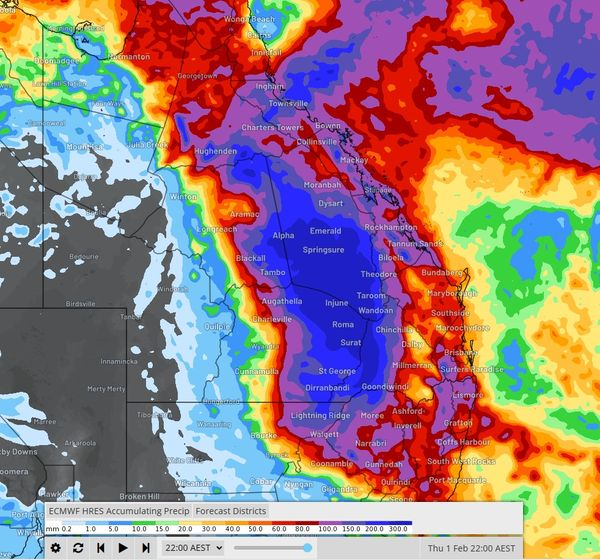 Cynoptec's tweet photo. While we wait out a probable tropical cyclone impact on the Qld coast (Cardwell - Mackay regions) future rainfall is the next focus of conversation.

For some time now I have mentioned wet signals for week 4 that may extend into early February.

This indicates a long duration wet period and is likely to be associated with the path of any tropical system (this includes the western system).

Future tracks of the eastern system may become an issue for the eastern parts of the country as any low tracks southwest into the Qld interior and south - southeast.

Should the low track further inland toward inland Central Qld the northern Monsoonal flow may enhance prolonged rainfall for the Nth Tropical coast south to the Mackay Whitsunday region while also injecting higher moisture levels into the interior.

Due to the shape of the coast from Cardwell to Bowen, this can act as a convergence funnel and there is the risk of intense rainfall outcomes over an extended period.

If the system remains confined closer to the coast and tracks southeast essentially all major rainfall would be restricted to coastal regions about the track and to the south of the low.

Rainfall potential may be higher than models indicate for the Cardwell -Herbert Burdekin to Mackay coastal regions should any tropical feature track south southwest into the eastern interior.

Speed of movement is also a factor as a slower moving feature may prolong rainfall durations also.

Rainfall accumulation maps are a guide only although there is fair agreement of 100-500mm+ over the coming days.

Pre cyclone rain since November has already primed many waterways in the east and the coming events have significant risks to homes, infrastructure property and live stock regarding flood outcomes.

Flood events may be over widespread regions and include many major catchments and rivers in the east from the northern Qld to parts of NSW.

Follow all official warnings moving forward.

More to come as the Coral Sea system develops, however models have been trending closely over recent days and weeks and this must be considered to indicate future risks are a higher probability of occurring.

This should come as a reminder of the wet period that is due to form in Q2 and Q3. The trend of wetter events leading into 2024 that I have been mentioning since early 2023 is clearly evident.