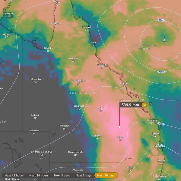 Cynoptec's tweet photo. While we wait out a probable tropical cyclone impact on the Qld coast (Cardwell - Mackay regions) future rainfall is the next focus of conversation.

For some time now I have mentioned wet signals for week 4 that may extend into early February.

This indicates a long duration wet period and is likely to be associated with the path of any tropical system (this includes the western system).

Future tracks of the eastern system may become an issue for the eastern parts of the country as any low tracks southwest into the Qld interior and south - southeast.

Should the low track further inland toward inland Central Qld the northern Monsoonal flow may enhance prolonged rainfall for the Nth Tropical coast south to the Mackay Whitsunday region while also injecting higher moisture levels into the interior.

Due to the shape of the coast from Cardwell to Bowen, this can act as a convergence funnel and there is the risk of intense rainfall outcomes over an extended period.

If the system remains confined closer to the coast and tracks southeast essentially all major rainfall would be restricted to coastal regions about the track and to the south of the low.

Rainfall potential may be higher than models indicate for the Cardwell -Herbert Burdekin to Mackay coastal regions should any tropical feature track south southwest into the eastern interior.

Speed of movement is also a factor as a slower moving feature may prolong rainfall durations also.

Rainfall accumulation maps are a guide only although there is fair agreement of 100-500mm+ over the coming days.

Pre cyclone rain since November has already primed many waterways in the east and the coming events have significant risks to homes, infrastructure property and live stock regarding flood outcomes.

Flood events may be over widespread regions and include many major catchments and rivers in the east from the northern Qld to parts of NSW.

Follow all official warnings moving forward.

More to come as the Coral Sea system develops, however models have been trending closely over recent days and weeks and this must be considered to indicate future risks are a higher probability of occurring.

This should come as a reminder of the wet period that is due to form in Q2 and Q3. The trend of wetter events leading into 2024 that I have been mentioning since early 2023 is clearly evident.