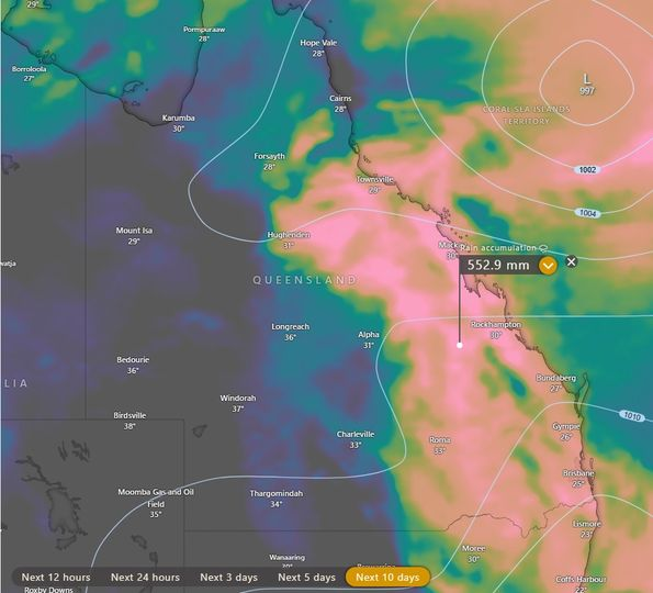 Cynoptec's tweet photo. While we wait out a probable tropical cyclone impact on the Qld coast (Cardwell - Mackay regions) future rainfall is the next focus of conversation.

For some time now I have mentioned wet signals for week 4 that may extend into early February.

This indicates a long duration wet period and is likely to be associated with the path of any tropical system (this includes the western system).

Future tracks of the eastern system may become an issue for the eastern parts of the country as any low tracks southwest into the Qld interior and south - southeast.

Should the low track further inland toward inland Central Qld the northern Monsoonal flow may enhance prolonged rainfall for the Nth Tropical coast south to the Mackay Whitsunday region while also injecting higher moisture levels into the interior.

Due to the shape of the coast from Cardwell to Bowen, this can act as a convergence funnel and there is the risk of intense rainfall outcomes over an extended period.

If the system remains confined closer to the coast and tracks southeast essentially all major rainfall would be restricted to coastal regions about the track and to the south of the low.

Rainfall potential may be higher than models indicate for the Cardwell -Herbert Burdekin to Mackay coastal regions should any tropical feature track south southwest into the eastern interior.

Speed of movement is also a factor as a slower moving feature may prolong rainfall durations also.

Rainfall accumulation maps are a guide only although there is fair agreement of 100-500mm+ over the coming days.

Pre cyclone rain since November has already primed many waterways in the east and the coming events have significant risks to homes, infrastructure property and live stock regarding flood outcomes.

Flood events may be over widespread regions and include many major catchments and rivers in the east from the northern Qld to parts of NSW.

Follow all official warnings moving forward.

More to come as the Coral Sea system develops, however models have been trending closely over recent days and weeks and this must be considered to indicate future risks are a higher probability of occurring.

This should come as a reminder of the wet period that is due to form in Q2 and Q3. The trend of wetter events leading into 2024 that I have been mentioning since early 2023 is clearly evident.