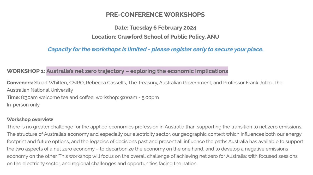 Australia’s net zero trajectory: exploring the economic implications. Join us at this AARES pre-conference workshop at ANU on 6 Feb. Great line-up. Relevant for economists and policy people in government & agencies. aares.org.au/Events/AARES-2… @ANUCrawford @ANU_ICEDS @AARES_Inc