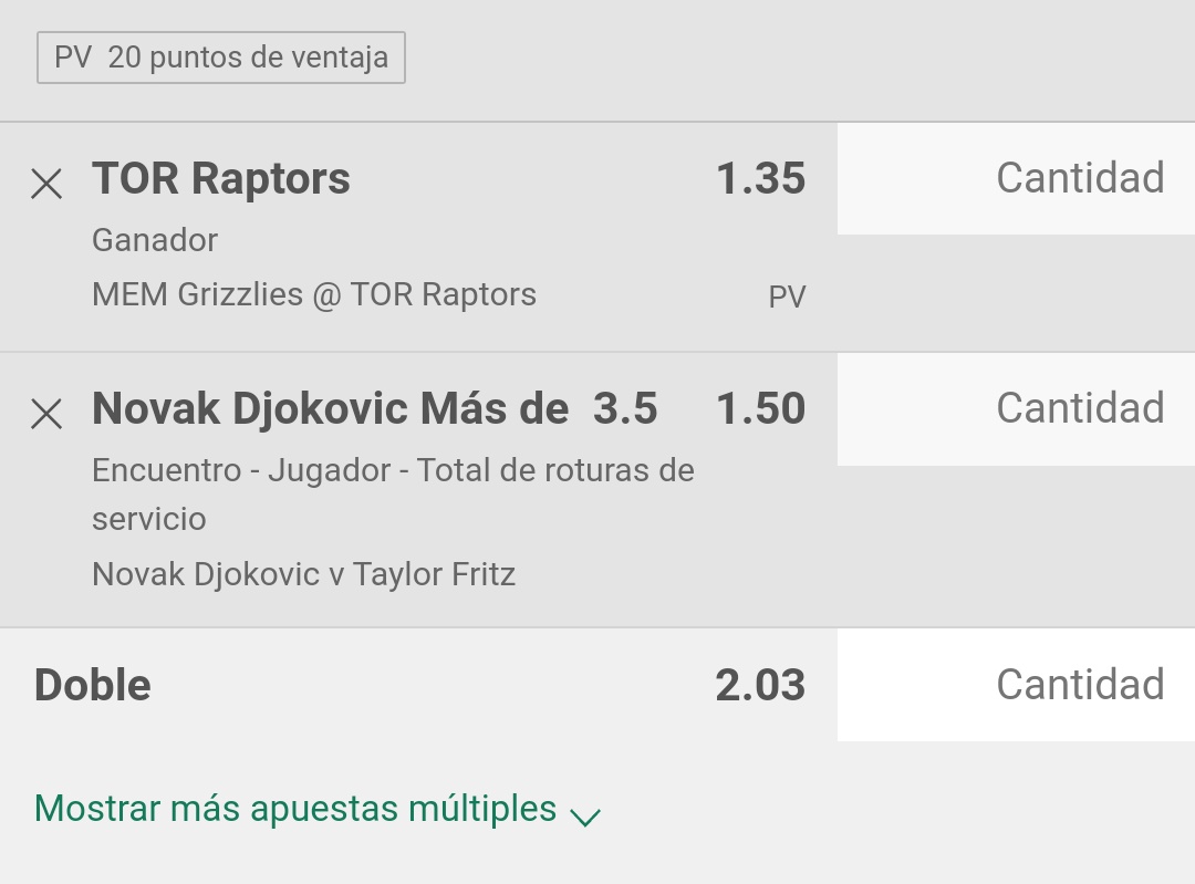 Os dejo por aquí mi apuesta de esta madrugada!! CUOTA 2!

*Muchísimas bajas en Memphis y Toronto debe ganar para soñar con ese Play IN!
*Novak...sabemos que es capaz de hacerte dos breaks en un set. El mejor restador del mundo.