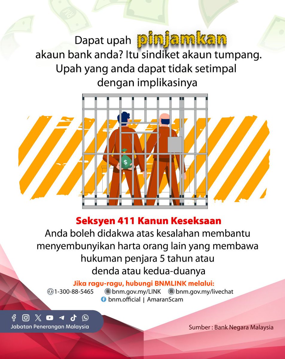 JPenerangan's tweet photo. Waspada sindiket akaun tumpang!

Anda boleh didakwa atas kesalahan membantu menyembunyikan harta orang lain yang membawa hukuman penjara 5 tahun atau denda atau kedua-duanya.

#MalaysiaMADANI 
#JabatanPenerangan https://t.co/Gwujd3G4nS