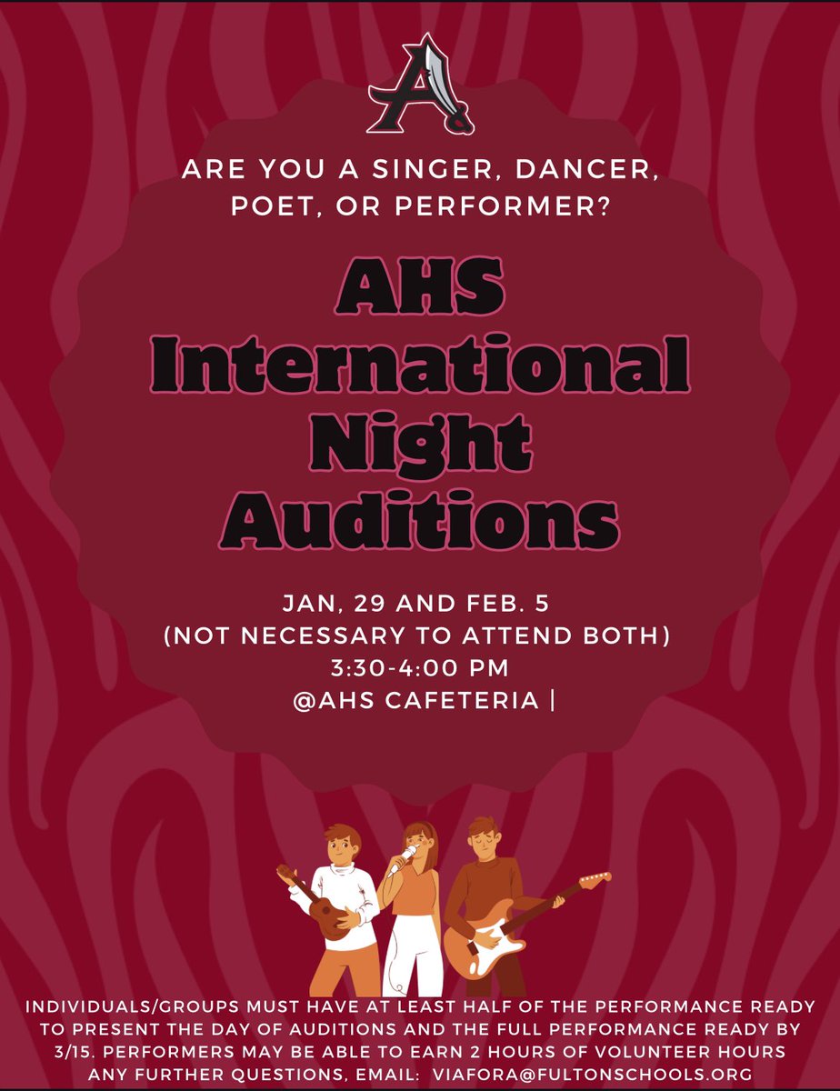 Looking for our Raiders who love sing, dance, read poetry or perform! Come tryout to perform at our AHS International Night!