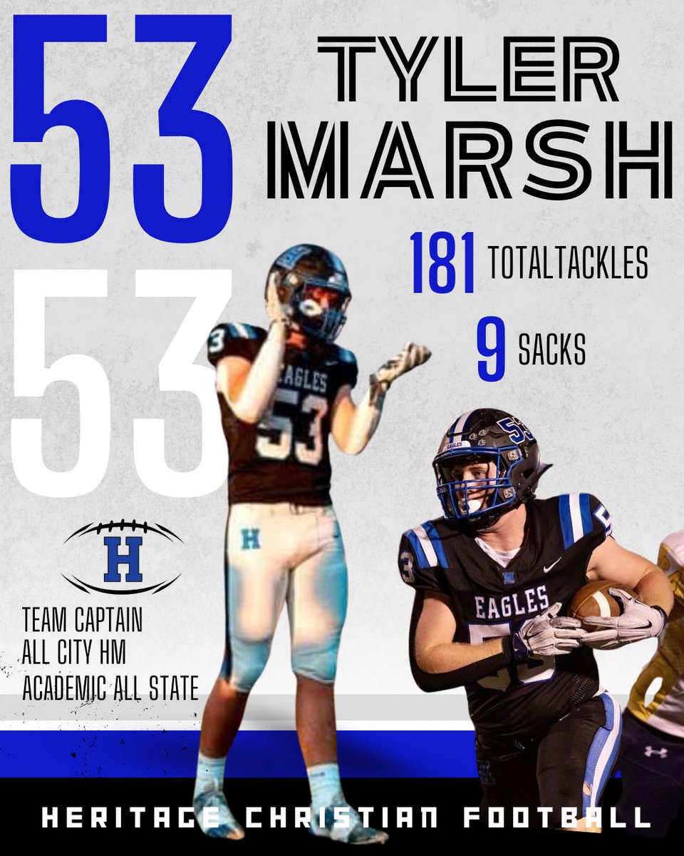 He’s been playing football for Heritage since youth league! He’s gotten better each year… finished his career with 181 total tackles and 9 sacks. Team Captain, Defensive MVP, All City HM, and Academic All State! Thanks for everything Marsh!!! Love ya! #flyhigher <a href="/TylerMarsh1212/">Tyler Marsh</a>
