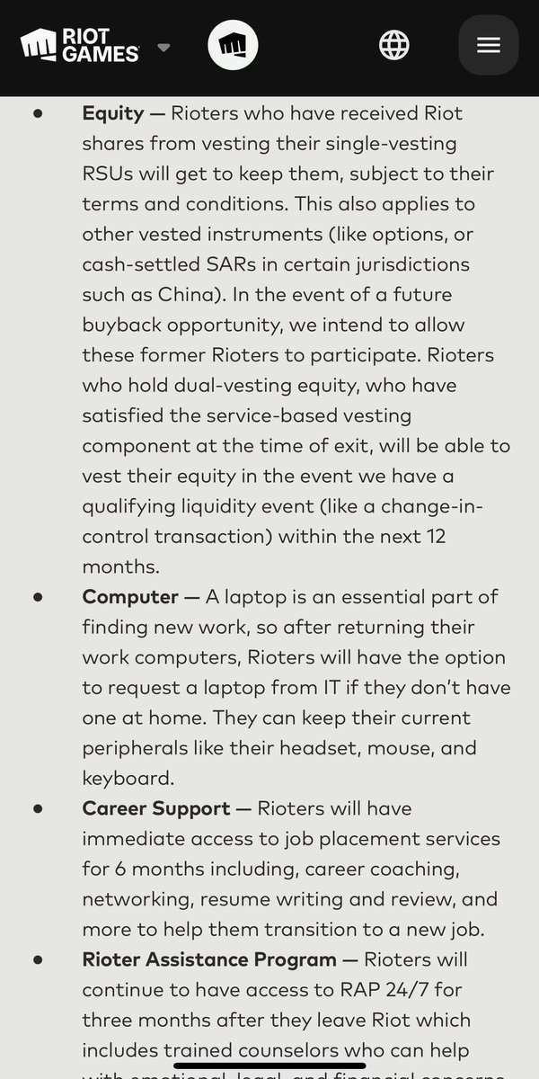 lumbogg's tweet image. This is genuinely one of the nicest severance packages I’ve ever seen, layoffs are unfortunate but this is a wonderful gesture by riot in my opinion