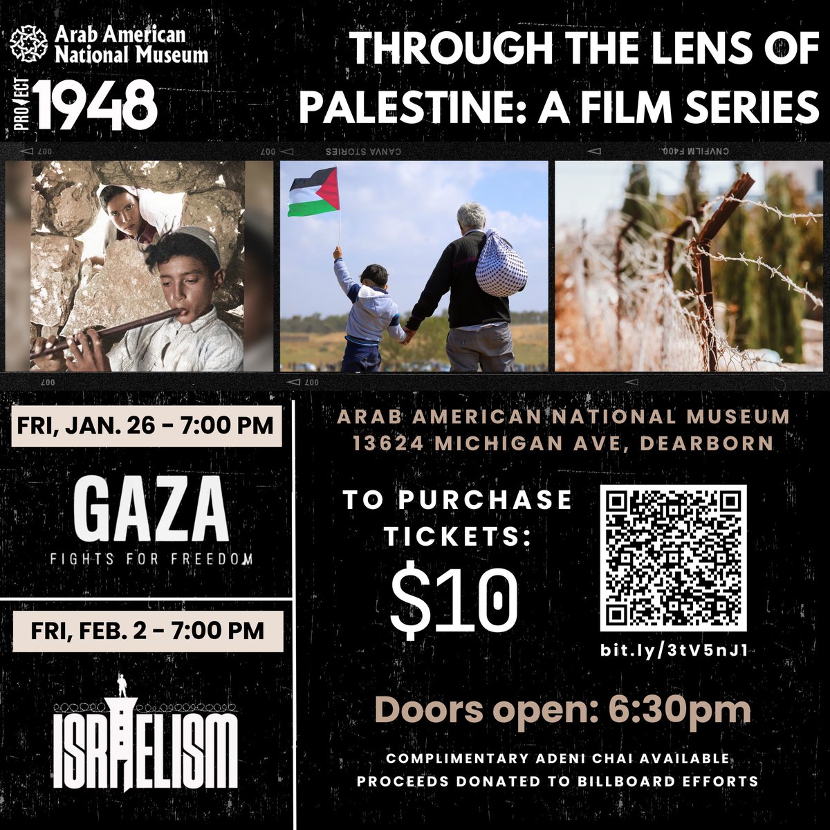 Project1948's tweet photo. Project 1948 &amp; @ArabAmericanMus 
are proud to present Through the Lens of Palestine: A Film Series, which is focused on Palestine and stories from the homeland and the diaspora. 🇵🇸

Purchase tickets here: https://t.co/gbo6YyyEQ2 https://t.co/aEeC4bFOVx