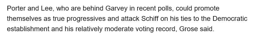 @CalMatters @lynnlaaa The quote below shows you're positioned on the left, warranting caution.

You could also say: 'Schiff could promote himself as the true Democrat best qualified to tackle MAGA, and attack Porter and Lee on their DSA/Squad far-left records that undermine the Democratic Party.'