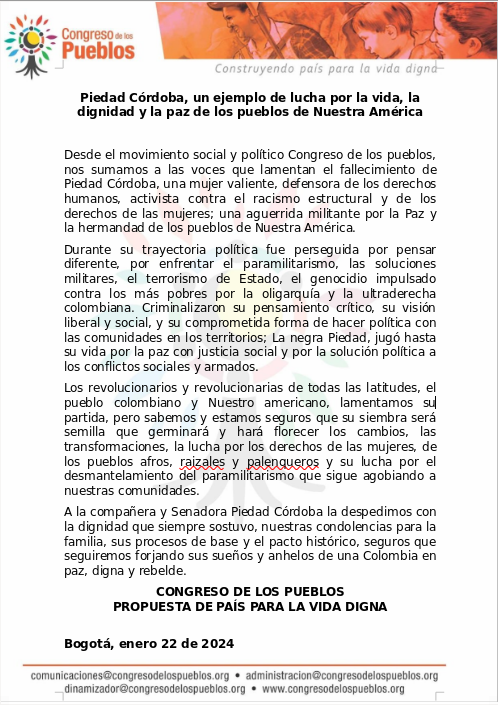 C_Pueblos's tweet photo. Piedad Córdoba, un ejemplo de lucha por la vida, la dignidad y la paz de los pueblos de Nuestra América

Piedad Córdoba, una mujer valiente, defensora de los dd.hh, una aguerrida militante por la Paz y la hermandad de los pueblos.  

Leer comunicado: https://t.co/sCd4BzV9Hc https://t.co/mK7ZEIU9Ky