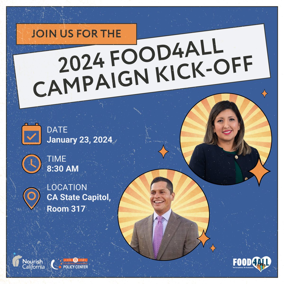 Today is the 2024 #Food4All campaign kick-off!! @Nourish_CA & @CALImmigrant will be joined by .@senator_hurtado and .@msantiagoad54, so make sure you tune in to our livestream on @CALImmigrant’s Facebook or @Nourish_CA’s Instagram at 8:30AM! #NoExceptionsNoExclusions #NoDelays
