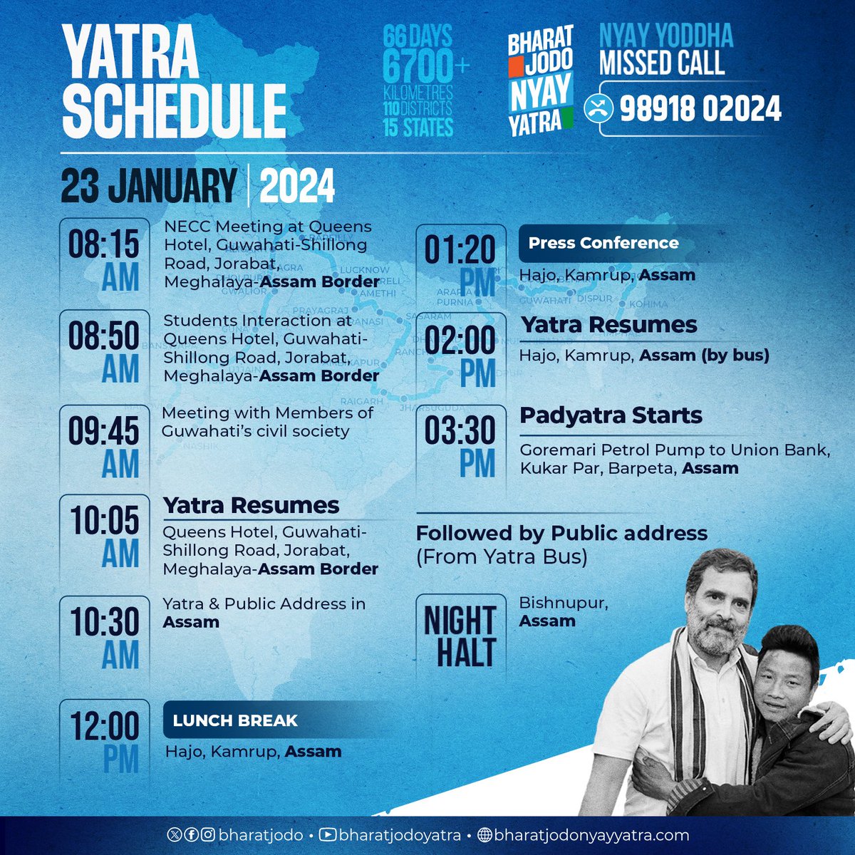 bharatjodo's tweet photo. Today’s schedule of the #BharatJodoNyayYatra!

#SahoMatDaroMat https://t.co/KT5WMuX8W0