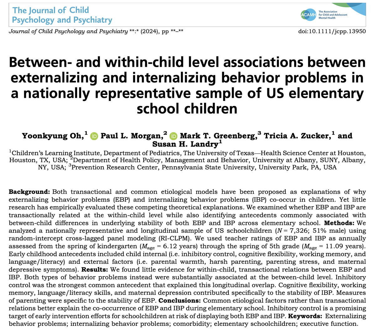PaulMorganPhD's tweet photo. New work just published in @TheJCPP! We examined the co-occurrence of externalizing and internalizing problem behaviors. Findings suggested that common etiological factors instead of transactional relations better explained this co-occurrence. #Psychiatry  https://t.co/Dz1P2W1KmT https://t.co/nQ5iJKHXqm