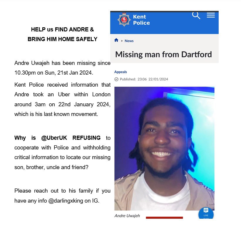 UK FRIENDS, need your help!!! A family friend is missing… Have you seen Andre? Please help put pressure on @UberUK to help disclose information that may help find him… Thanks in advance!!!