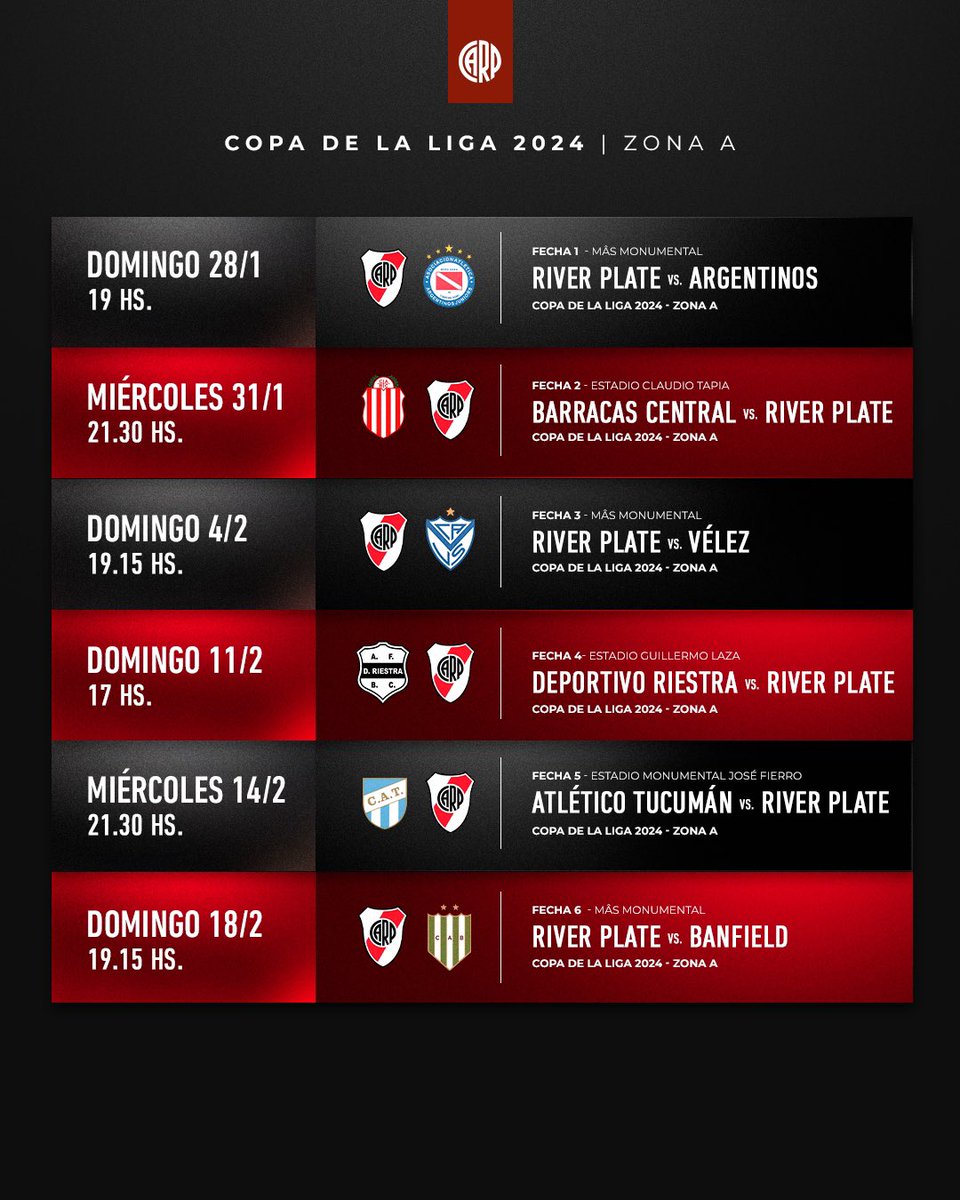 River Plate on X: 🔜 Copa de la Liga 2024 👉 Días y horarios para las seis  fechas iniciales de la primera competencia del año ⚽ #River2024 ⚪️🔴⚪️   / X