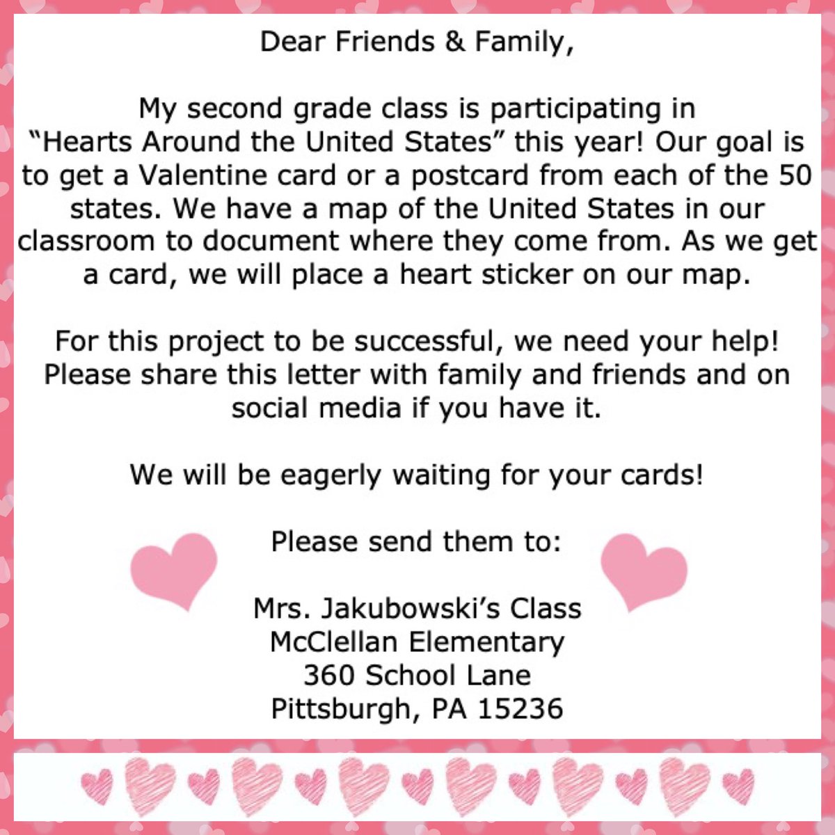Mrs. Jakubowski (@jakubowski102) on Twitter photo “Hearts Around the United States” is off to a great start! ❤️ Today, we received 22 cards from 14 different states! We can’t wait to see what comes in the mail tomorrow! 💌
<a href="/McClellan_WJHSD/">McClellan Elementary</a> <a href="/wjhsd/">West Jefferson Hills SD</a> #WErTJ “Hearts Around the United States” is off to a great start! ❤️ Today, we received 22 cards from 14 different states! We can’t wait to see what comes in the mail tomorrow! 💌
<a href="/McClellan_WJHSD/">McClellan Elementary</a> <a href="/wjhsd/">West Jefferson Hills SD</a> #WErTJ