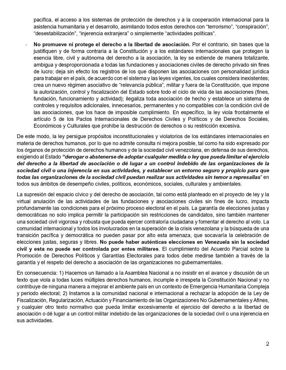 Instamos a la comunidad nacional e internacional a rechazar la adopción de la Ley de
Fiscalización, Regularización, Actuación y Financiamiento de las Organizaciones No Gubernamentales y Afines, ya que limita el derecho a la libertad de asociación en #Vzla
#SociedadInhabilitada