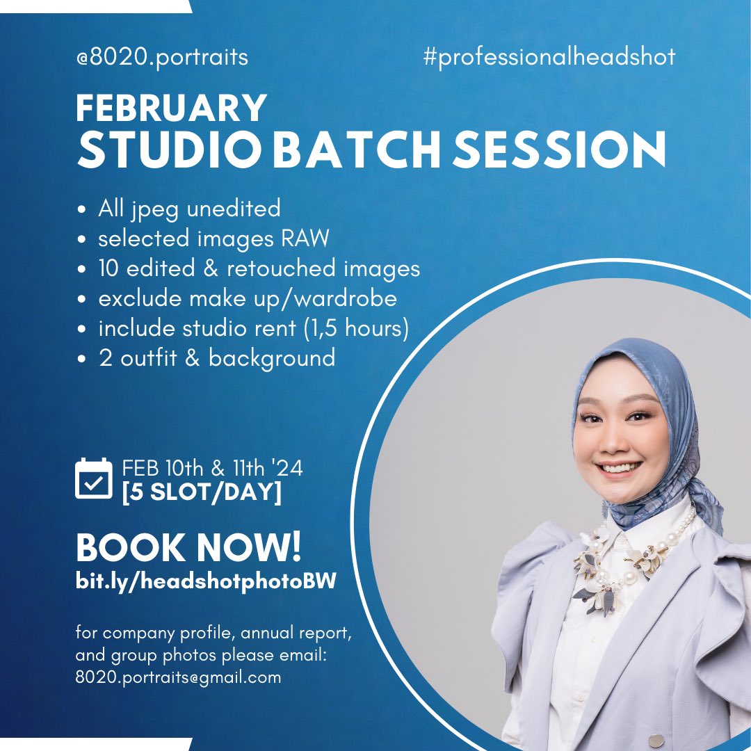 Studio Batch Session February udah open booking ya.

Per orang 1.75jt

Per 2 orang 1,5jt

Perday cuma 5 slot available.

Tgl 10-11 februari. 

Untuk Group lebih dari 5 orang monggo DM aja untuk penawarannya. 

#8020portraits #professionalheadshot 

colek2 @hrdbacot 🤍