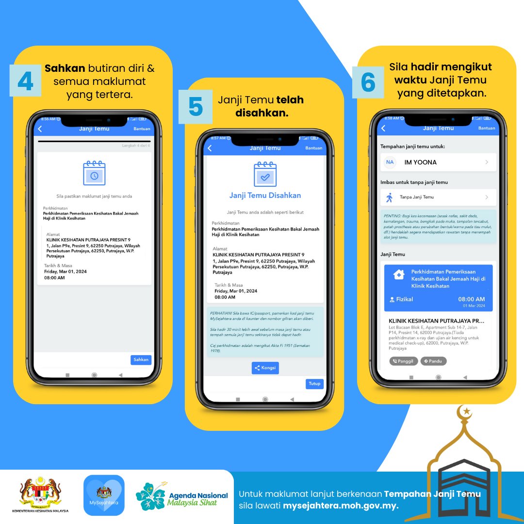 Ingin dapatkan Pemeriksaan Kesihatan Haji di Klinik Kesihatan? Sila tempah janji temu Pemeriksaan Kesihatan Haji anda di Aplikasi MySejahtera. #MySejahtera #AplikasiKesihatanAwam #tabunghaji #haji1445H