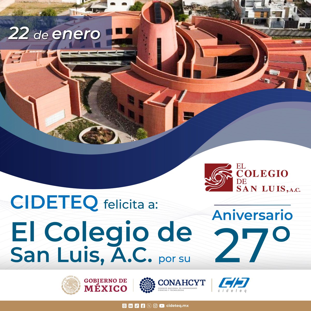 CIDETEQ's tweet photo. Felicitamos a @el_colsan por sus 27 años de destacada labor en investigación y formación académica en las áreas de #CienciasSociales y #Humanidades 👩🏻‍🔬

Desde el #CIDETEQ celebramos este logro que refleja su pasión por el conocimiento, ¡enhorabuena! 🎉 

#COLSAN #CIDETEQ #Conahcyt https://t.co/OS9Zpaw96x