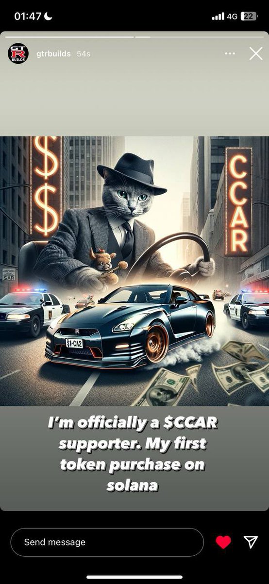GeezySOL's tweet photo. @blknoiz06 The cat can drive you. Biggest gtr page on instagram just bought in on their first Solana coin. The normies are buying https://t.co/bGohUShswt