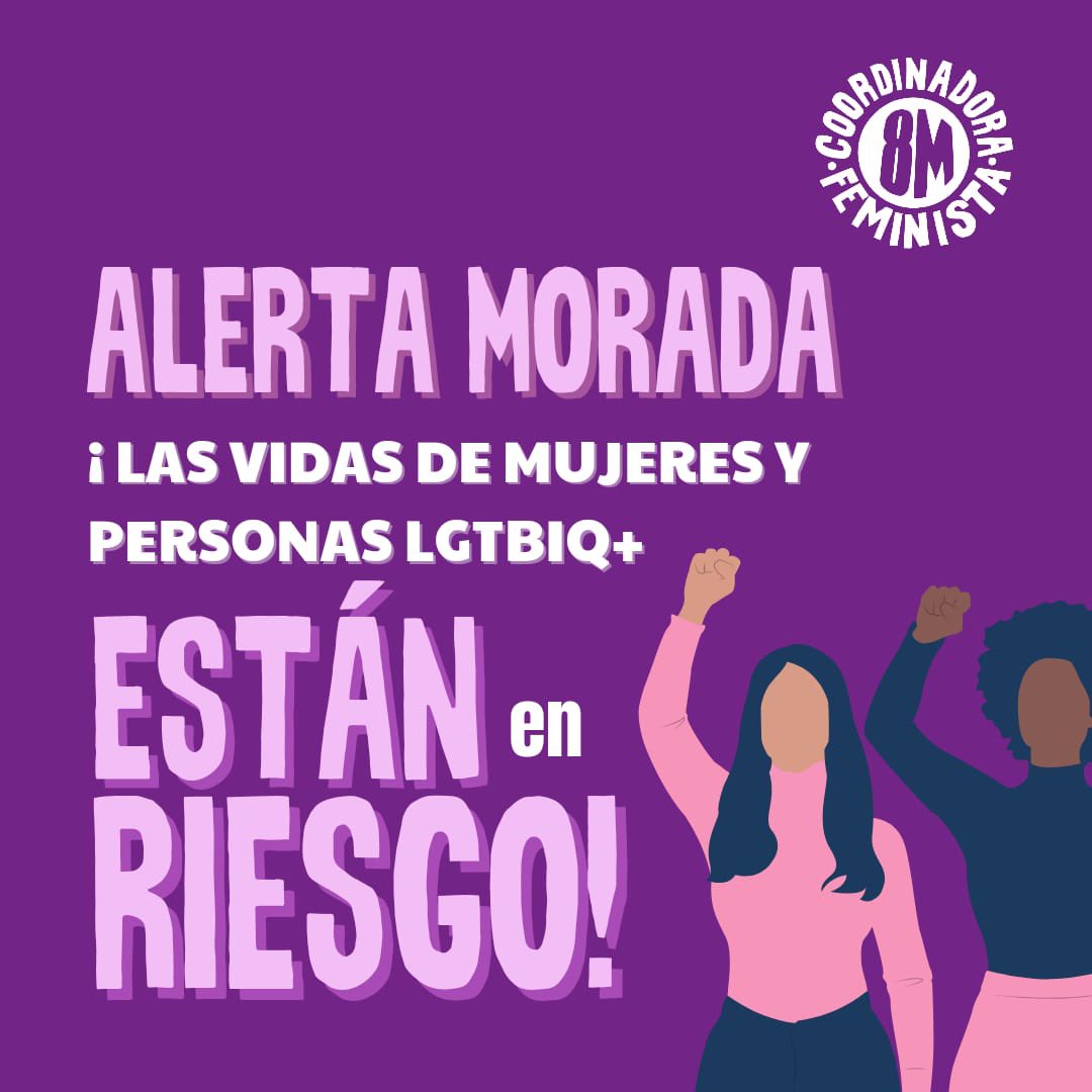 's tweet image. ⚠️🟣 ALERTA MORADA
¡LAS VIDAS DE MUJERES Y PERSONAS LGTBIQ+ ESTÁN EN RIESGO!

Ante los femicidios o campañas de búsqueda de mujeres y disidencias desaparecidas que nos han sacudido estos días, invitamos a hacer eco ayudando a compartir a las colectivas u organizaciones que piden