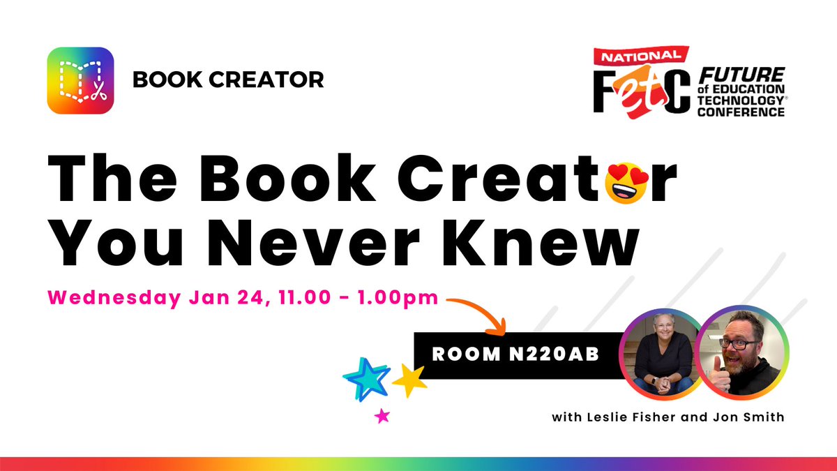 Ready to see engagement in your classroom soar? Join <a href="/lesliefisher/">Leslie Fisher</a> and <a href="/theipodteacher/">Jon Smith</a> as they take you on an interactive Book Creator journey at <a href="/FETC/">FETC</a>.

🗓️ Wednesday, 11am - 1pm
📍 Room N220AB

Take away top tips and tricks to take your Book Creator books up a level!!! 🚀 #FETC