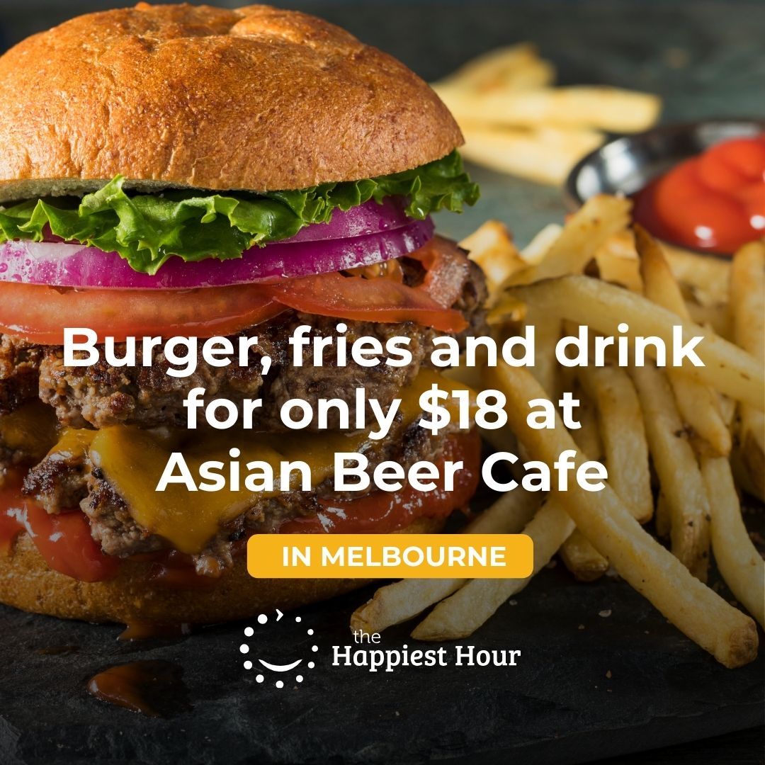 😁🍔Smash any burger and fries with a schooner of GOAT Very Enjoyable Beer (or cider; or glass of house wine; or large soft drink) for only $18 at Asian Beer Cafe!! Tuesdays from 5pm🍔😁 Be sure not to miss out!

Check it out right here🙂
thehappiesthour.com/venues/melbour…

#thehappiesthour